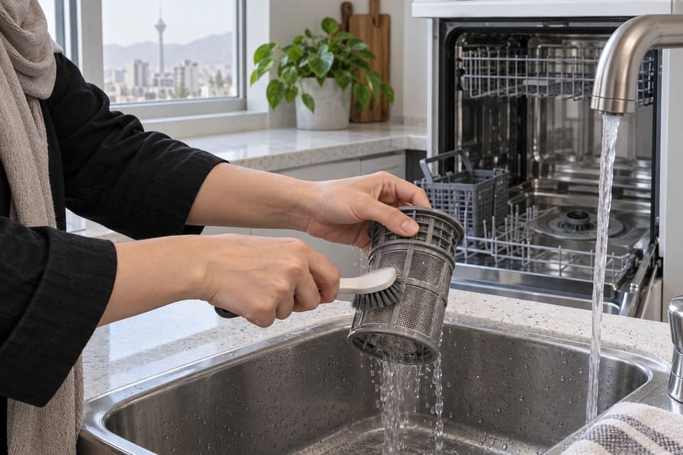شستن فیلتر استوانهای ظرفشویی زیر آب گرم با برس نرم