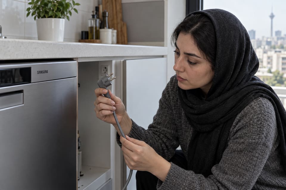 دست یک خانم در حال بررسی کابل و دوشاخه ظرفشویی که از پریز بیرون کشیده شده است