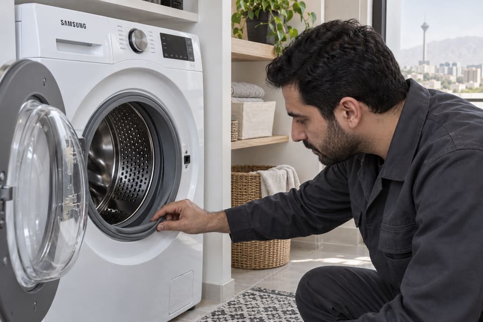 دست در حال بررسی لاستیک دور درب لباسشویی درب‌جلو برای پیدا کردن لباس گیرکرده