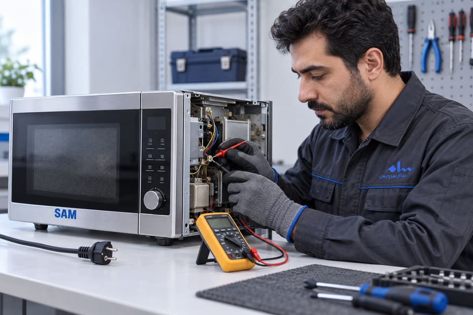 تست ایمن مایکروویو سام با مولتی‌متر توسط سرویس‌کار سام سرویس