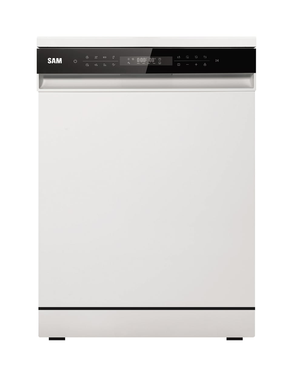 ماشین ظرفشویی سام مدل DW-190 سفید از نمای روبرو با پنل کنترل مشکی و نمایشگر دیجیتال
