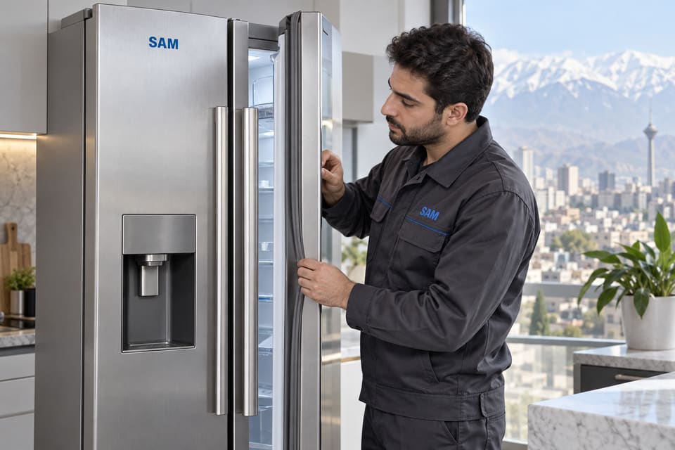 یخچال ساید بای ساید سام و سرویس‌کار سام سرویس در حال بررسی لاستیک درب